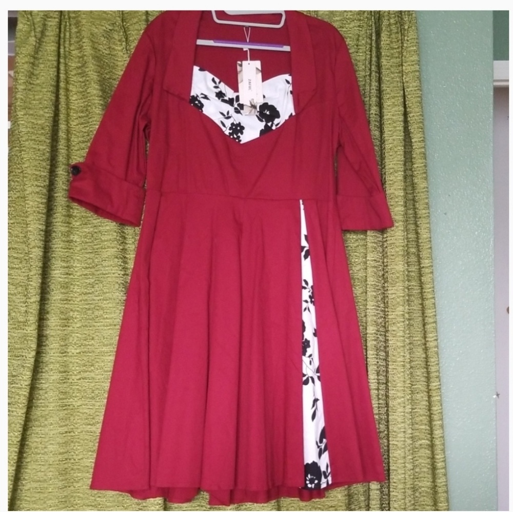 Pinup swing dress button cuffs floral